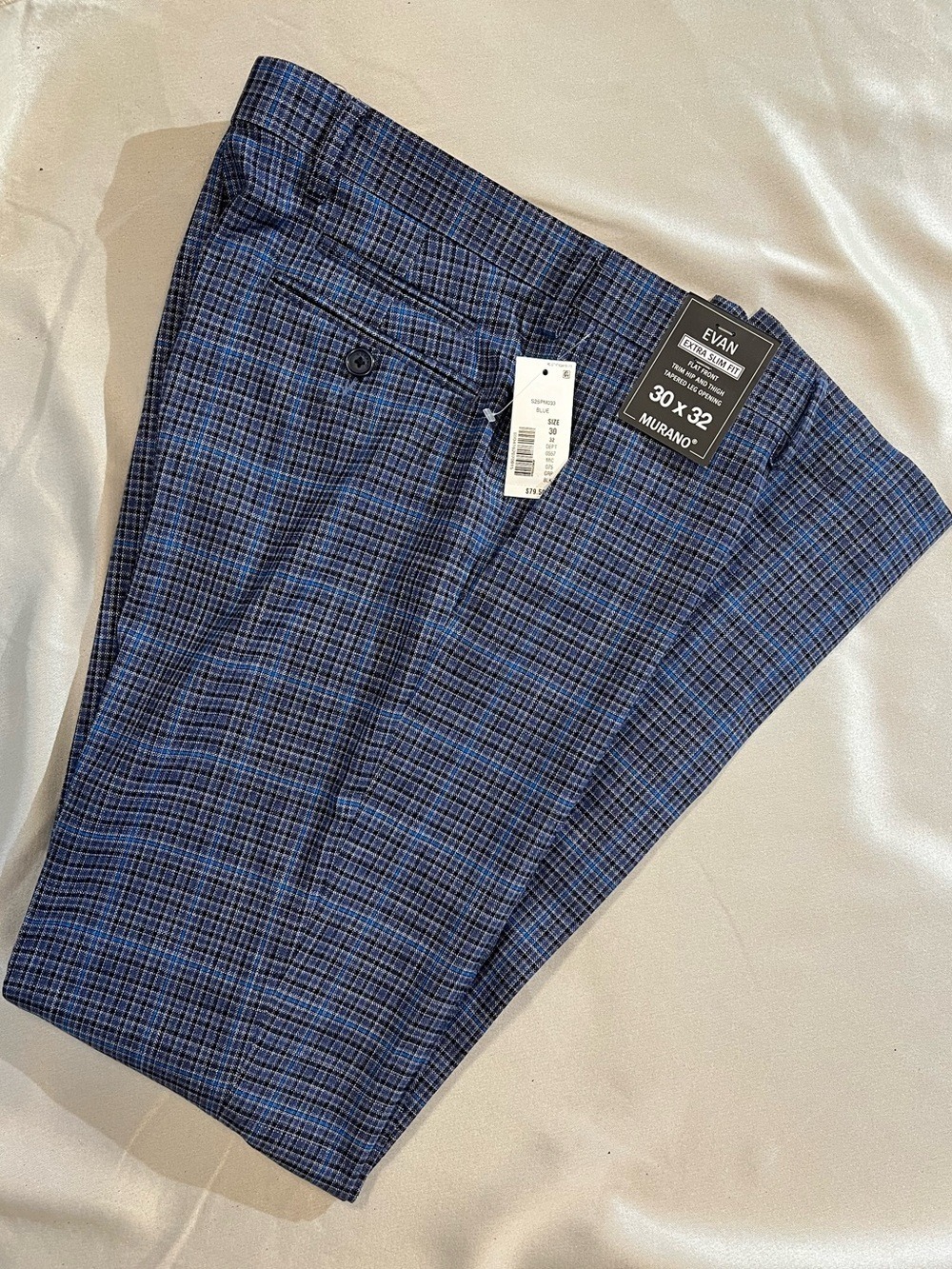 Murano Evan Extra Slim Fit Blue Plaid Dress Pants 30x32 NWT Stretch